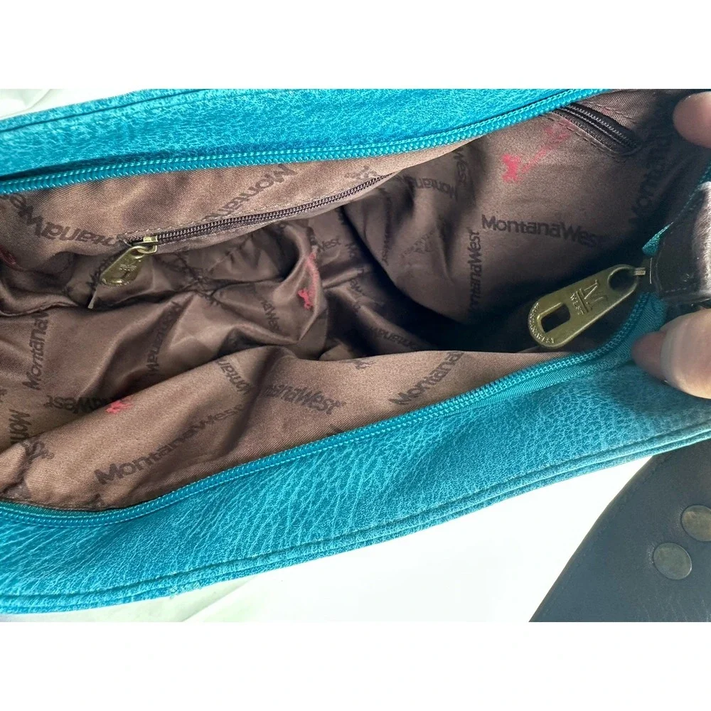 Montana West Hobo Handbag Turquoise & Brown Shoulder Purse‎ Zipper EUC Women's